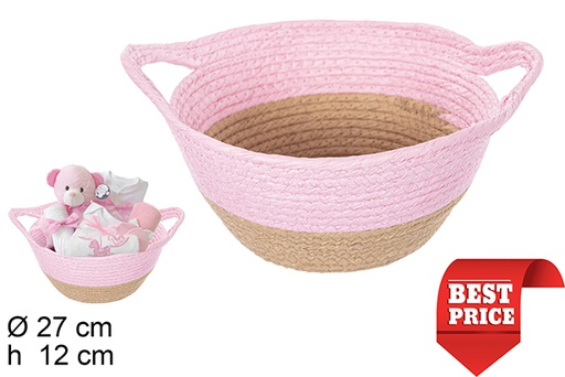 [111793] Cesta cuerda papel natural/rosa con asas 27x12 cm