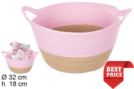 [111795] Cesta cuerda papel natural/rosa con asas 32x18 cm