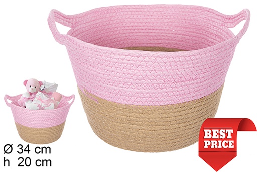 [111796] Cesta cuerda papel natural/rosa con asas 34x20 cm