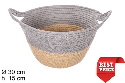 [111743] Cestino in corda di carta naturale/grigio con manici 30x15 cm