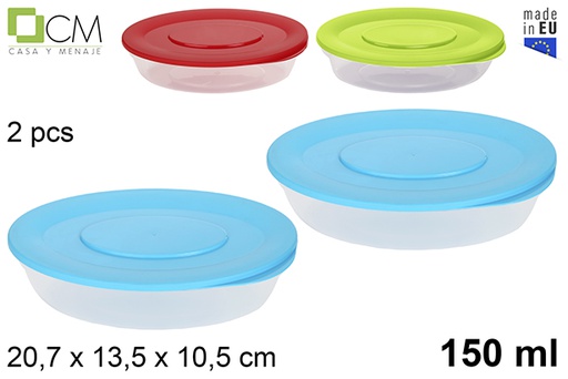 [102879] Pack 2 contenitori per alimenti plastica ovale colori asortiti 150 ml.