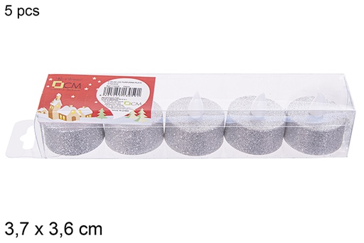 [113059] Pack 5 candele da tè a LED glitterate argento 3,7x3,6 cm