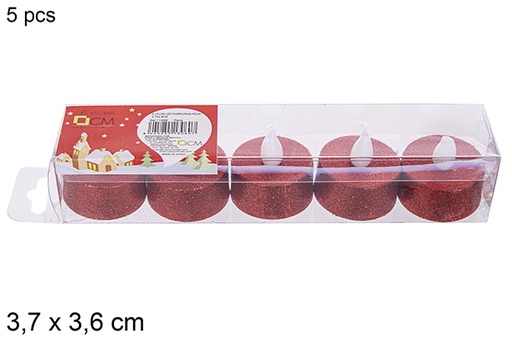 [113060] Pack 5 bougies chauffe-plat LED à paillettes rouges 3,7x3,6 cm