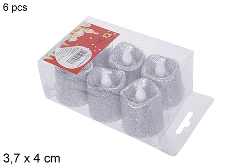 [113076] Pack 6 bougies LED à paillettes argent 3,7x4 cm