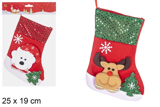 [113095] Chaussette de Noël décorée ours/vache assortie 25x19 cm