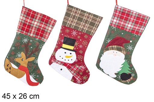 [113097] Chaussette de Noël décorée Père Noël/bonhomme de neige/cerf 45x26 cm