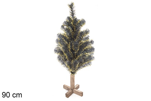 [113558] Green PVC tree with golden tips and wooden base 90 cm
