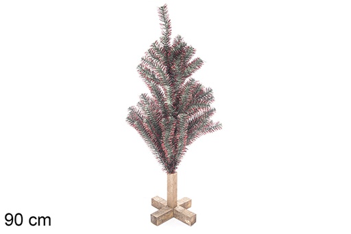 [113561] Albero in PVC verde con punte rose con base in legno 90 cm