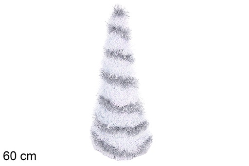 [113653] Metal cone tree with silver and white tinsel 60 cm