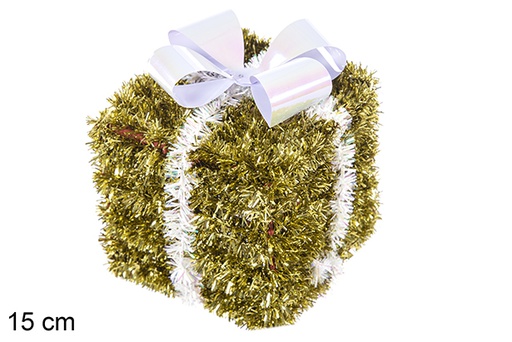 [113658] Polystyrene gift package decorated with gold tinsel and white bow 15 cm