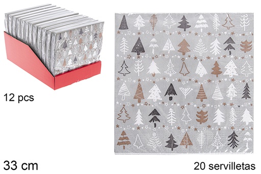 [113695] Pack 20 serviettes grises décorées sapin de Noël 33 cm