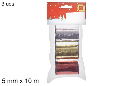 [113816] Pack 3 carretéis de fita prata/ouro/vermelho 5 mm x 10 m.