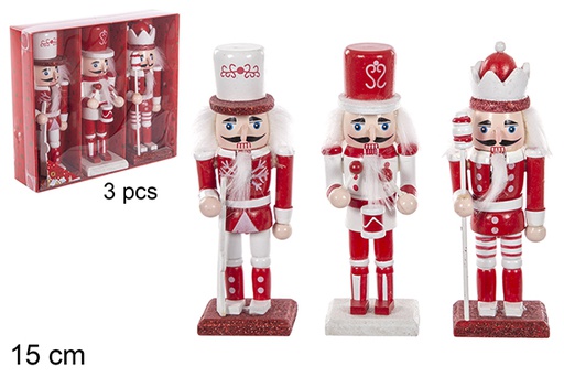 [113868] Pack 3 soldat casse-noisette de Noël rouge en bois 15 cm 