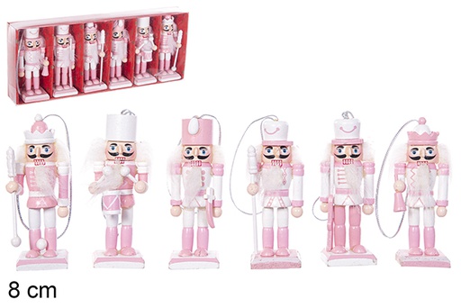 [113872] Pack 6 soldatini schiaccianoci di Natale rosa in legno 8 cm