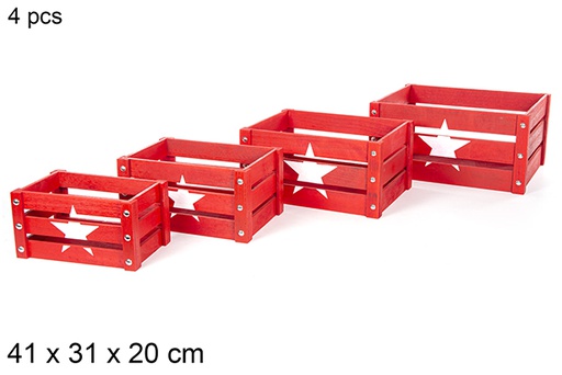 [112359] Pack 4 caisse en bois rouge décorée étoile 41x31 cm  