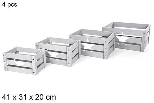 [112360] Pack 4 gray wooden boxes star decorations 41x31x20 cm