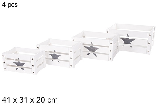 [112361] Pack 4 star decorated white wooden crate 41x31 cm 