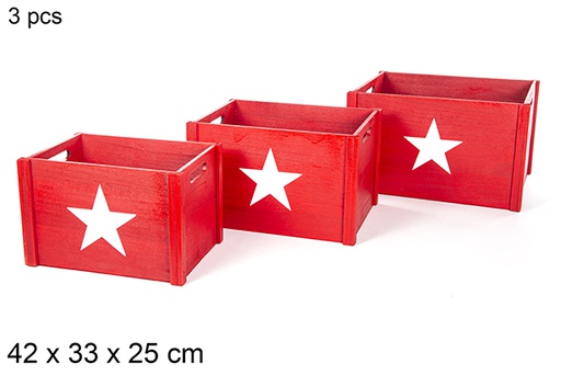 [112363] Pack 3 caisses en bois rouge décorées d'étoiles 42x33 cm