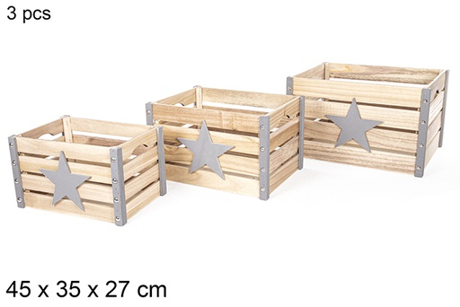 [112364] Pack 3 star decorated natural wooden crate 45x35 cm  