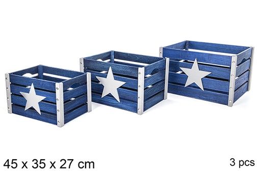 [112366] Pack 3 decorated blue wooden boxes 45x35 cm