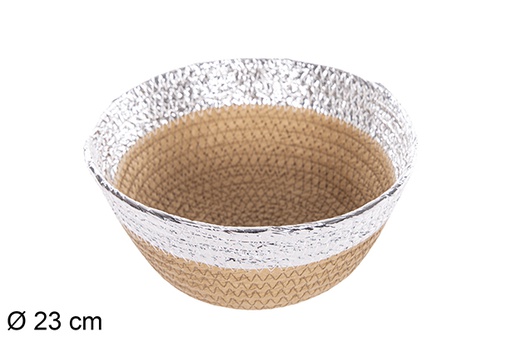 [112370] Cesto redondo corda papel natural borda prateada 23 cm