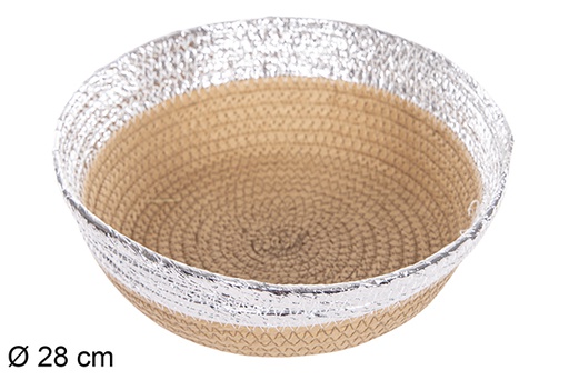 [112373] Cesto redondo corda papel natural borda prateada 28 cm