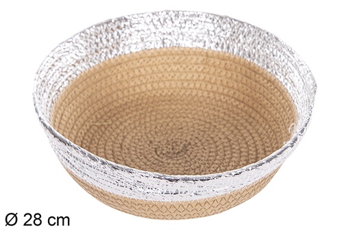 [112373] Corbeille ronde corde papier naturel bord argenté 28 cm