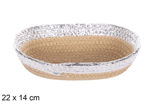 [112391] Cesta oval corda papel natural borda prateada 22x14 cm