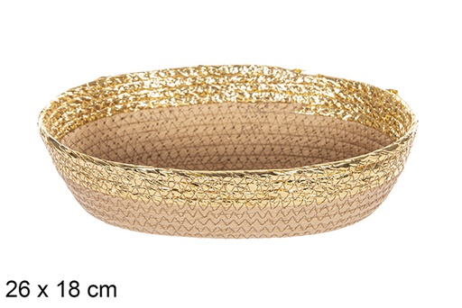 [112396] Cestino ovale in corda di carta naturale bordo oro 26x18 cm