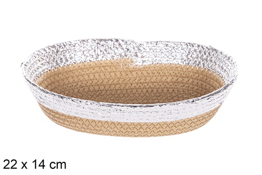 [112397] Cesta oval corda papel natural borda prateada 26x18 cm