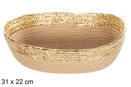 [112399] Cesta ovalada cuerda papel natural borde oro 31x22 cm