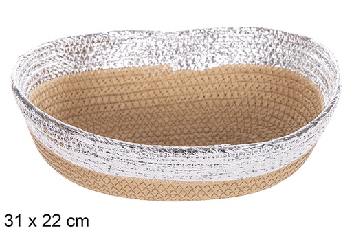 [112400] Cesta oval corda papel natural borda prateada 31x22 cm