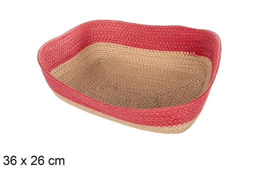 [112401] Corbeille rectangulaire en corde papier naturel bord rouge 36x26 cm