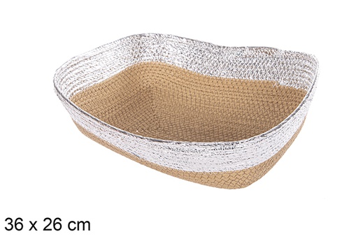 [112403] Cesto retangular corda papel natural borda prateada 36x26 cm