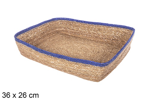 [113249] Cesta rectangular seagrass y yute azul 36x26 cm