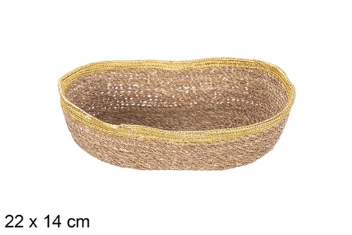 [113255] Panier ovale en jonc de mer et jute doré 22x14 cm