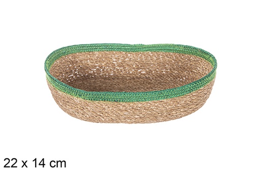 [113258] Panier ovale en jonc de mer et jute vert 22x14 cm