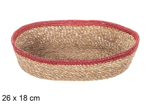 [113261] Panier ovale en jonc de mer et jute rouge 26x18 cm