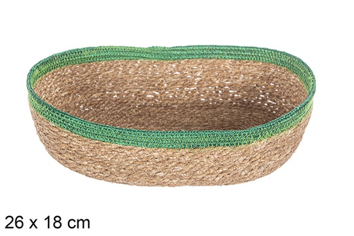 [113263] Panier ovale en jonc de mer et jute vert 26x18 cm