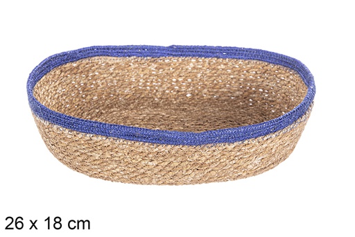 [113267] Panier ovale en jonc de mer et jute bleu 26x18 cm