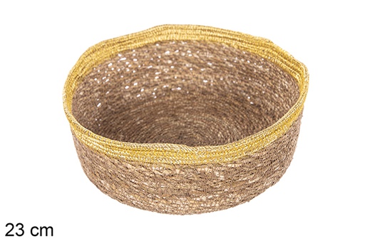 [113280] Panier rond en jonc de mer et jute doré 23 cm