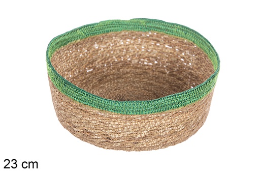 [113283] Panier rond en jonc de mer et jute vert 23 cm