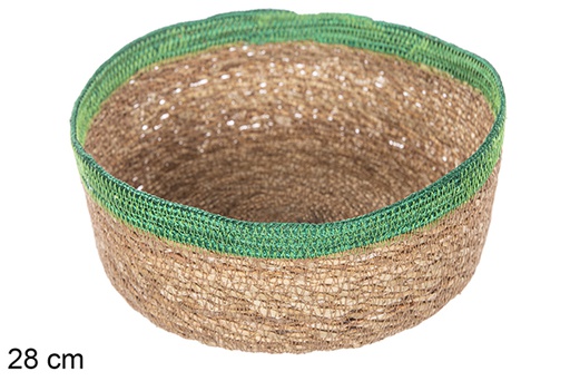 [113288] Panier rond en jonc de mer et jute vert 28 cm