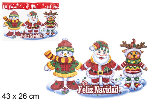 [113398] Boneco Papai Noel/neve/rena Natal decora janela 43x26 cm