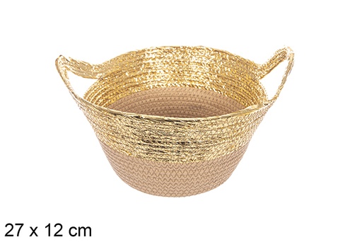 [114096] Panier en corde de papier naturel/doré avec poignée 27x12 cm