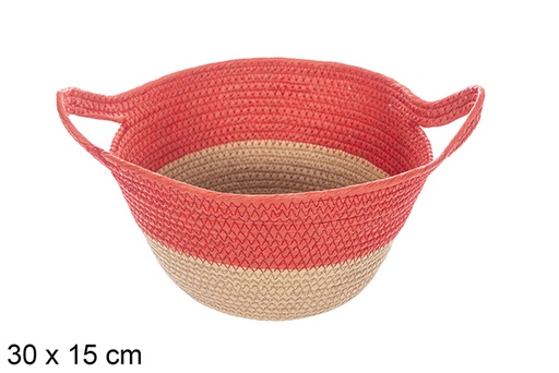 [114107] Corbeille en corde de papier naturel/rouge avec poignée 30x15 cm