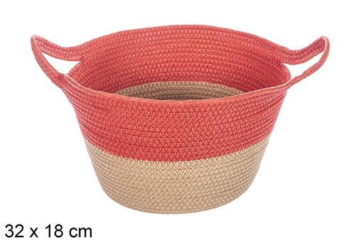 [114108] Corbeille en corde de papier naturel/rouge avec poignée 32x18 cm