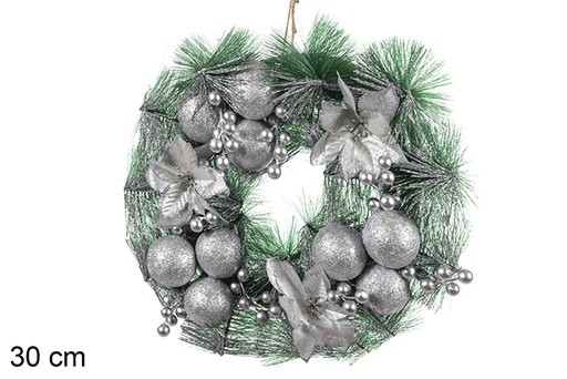 [114118] Boules de couronne de Noël/fleur argent 30 cm