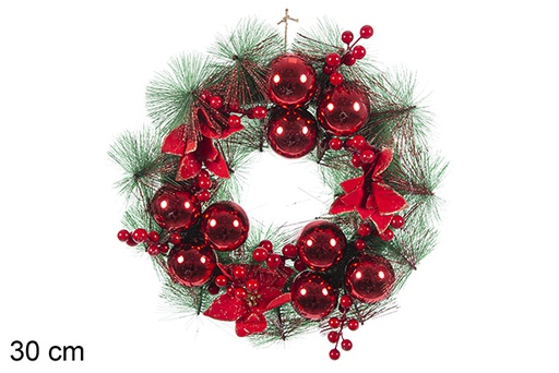 [114119] CHRISTMAS WREATH W/RED BALLS-FLOWER 30CM