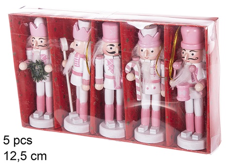 [114126] Pack 5 soldatini schiaccianoci di Natale in legno rosa 12,5 cm